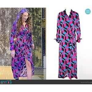 House of Harlow 1960 Dress M Pink Blue Satin Geometric Wrap Maxi Dress Colorful